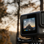 Dreame Leptic Cube action camera showing 8K mode on rear screen with warm sunset light filtering through trees