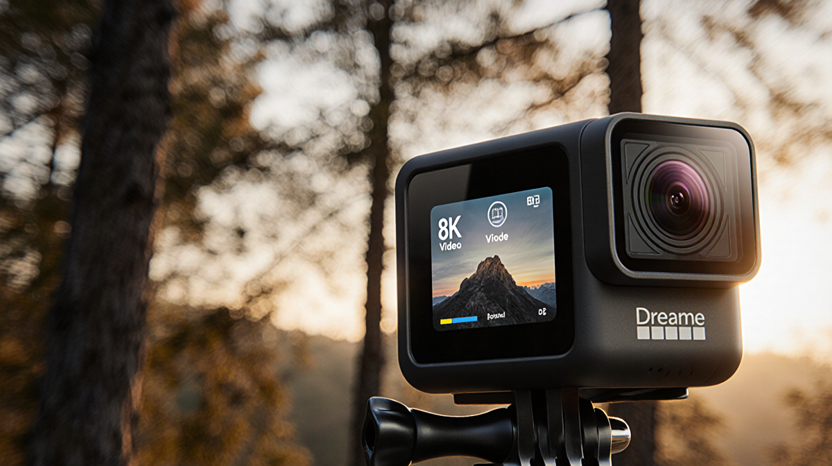 Dreame Leptic Cube action camera showing 8K mode on rear screen with warm sunset light filtering through trees