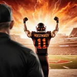 Drew Mestemaker stands triumphantly on Oklahoma State football with Stillwater Stadium behind and blurred coach Eric Morris