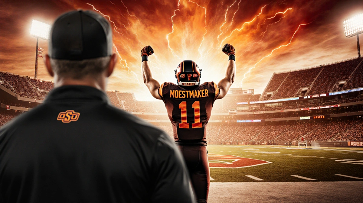 Drew Mestemaker stands triumphantly on Oklahoma State football with Stillwater Stadium behind and blurred coach Eric Morris