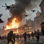 Three Ukrainian drones fly over burning café and hotel with a torn Russian flag fluttering below.