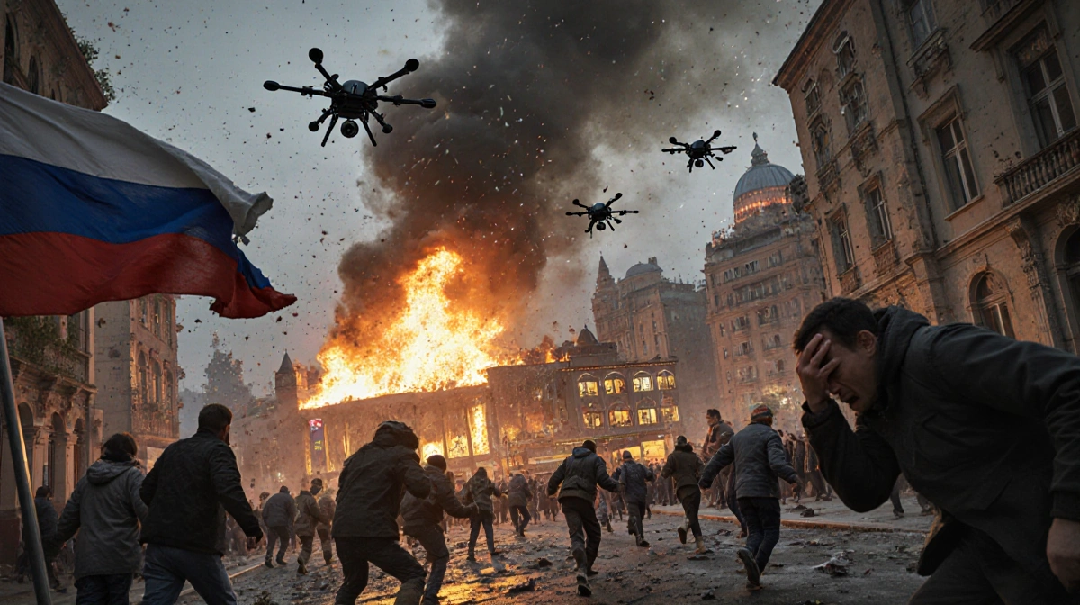 Three Ukrainian drones fly over burning café and hotel with a torn Russian flag fluttering below.