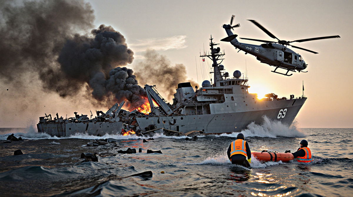 Rescue team in orange vests saves a survivor from water with a helicopter hovering over a drug-smuggling ship at sunset.