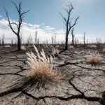 Cracked earth landscape showing charred trees with brittle freeze‑cured grasses and long shadows.