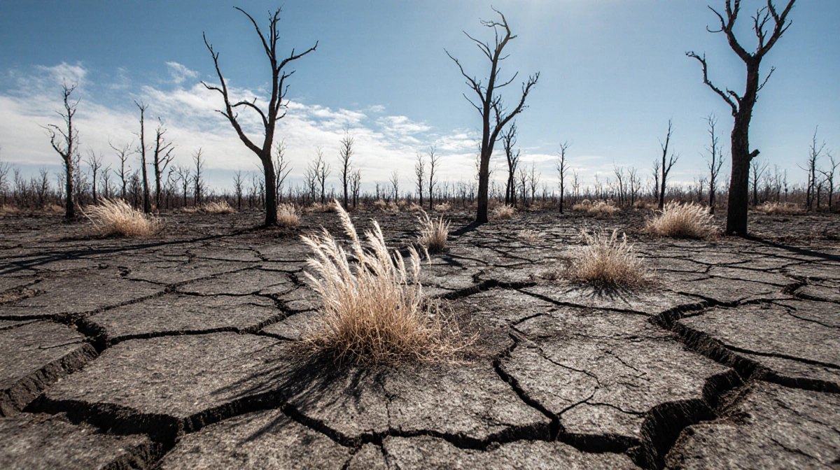 Cracked earth landscape showing charred trees with brittle freeze‑cured grasses and long shadows.