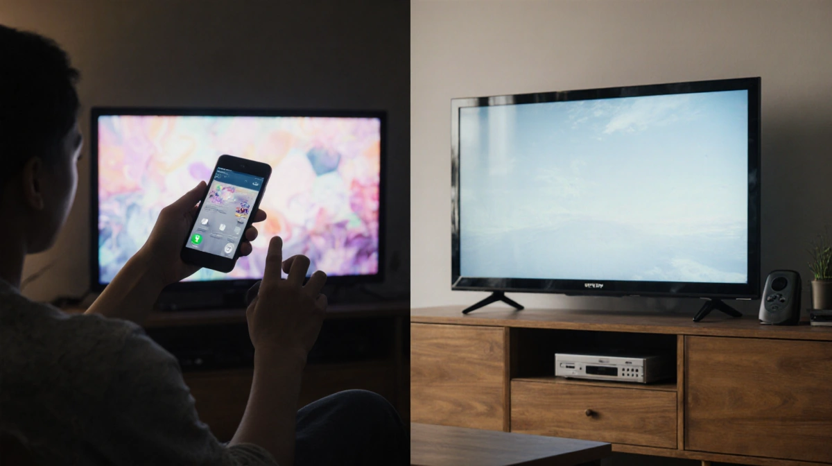Split screen shows person watching phone on left TV and traditional TV setup on right with muted nostalgic lighting