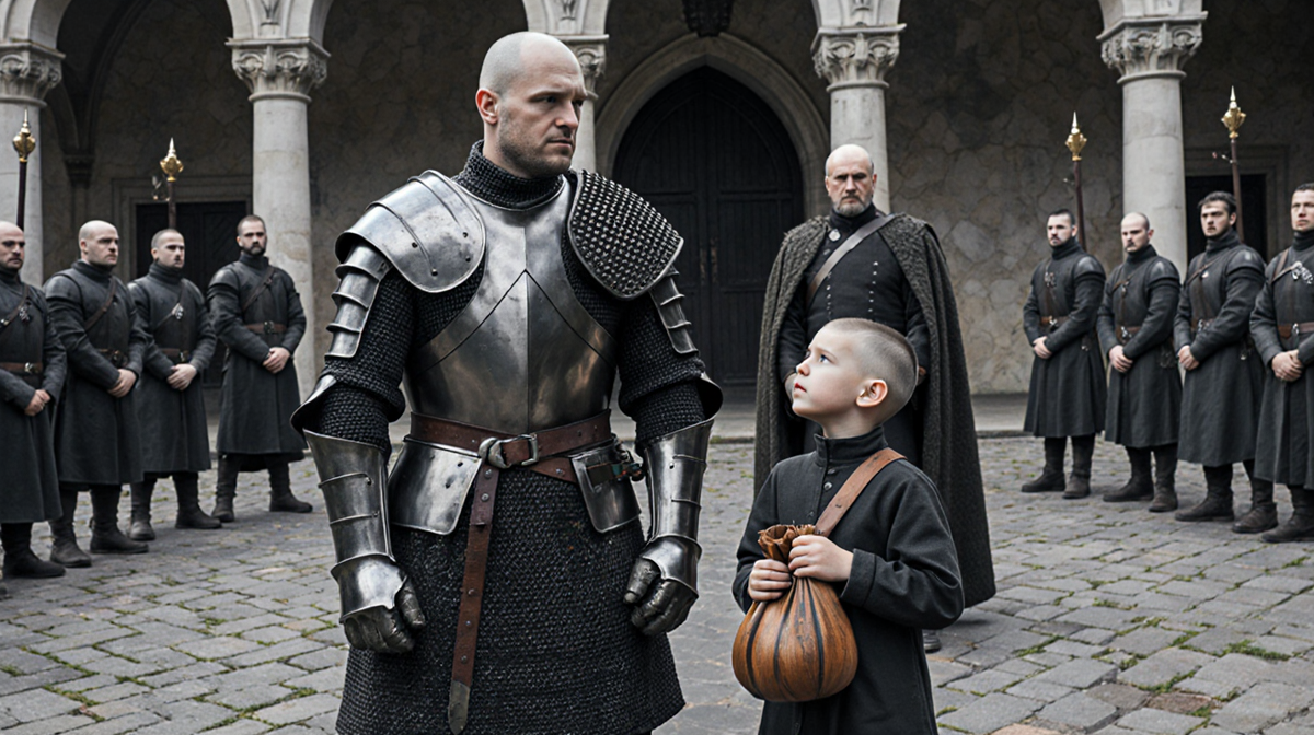 Dunk standing beside Egg holding a wooden squire's pouch with Targaryen soldiers and Baelor in the courtyard