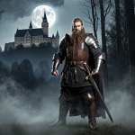 Dunk the Hound standing in moonlit mist with clenched fists and sword beside him near a distant castle