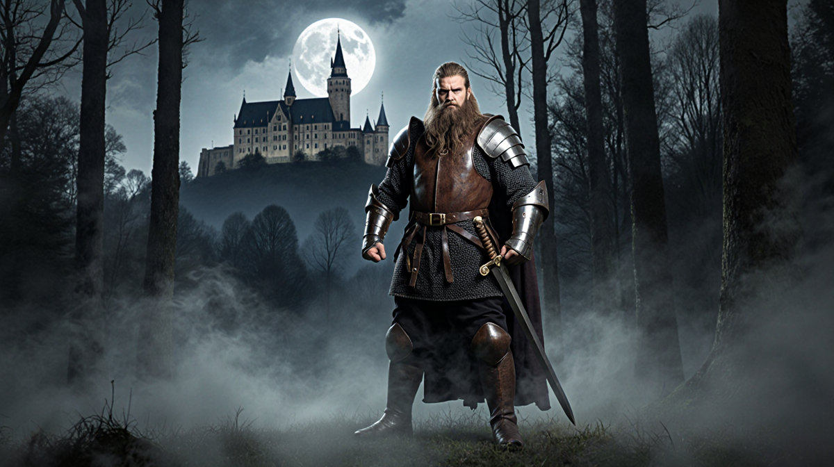Dunk the Hound standing in moonlit mist with clenched fists and sword beside him near a distant castle