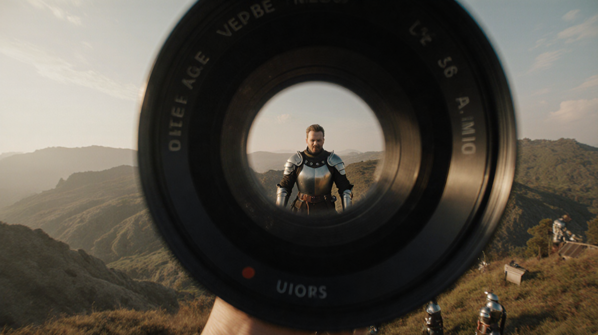 Dunk looks down at his camera lens with a foggy view of a warm-lit medieval landscape and scattered armor