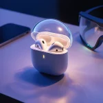 Futuristic earcup enveloped by a transparent sound bubble with soundproofing and warm light against cool neon background