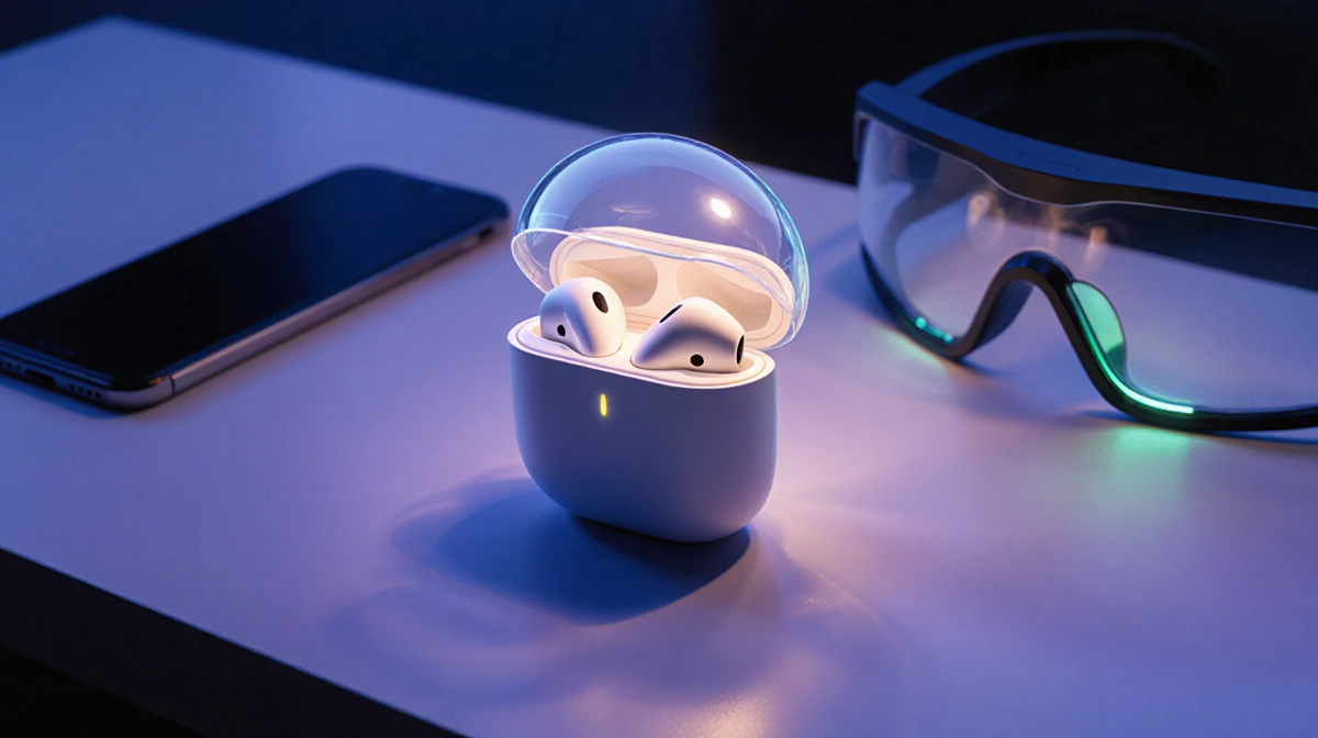 Futuristic earcup enveloped by a transparent sound bubble with soundproofing and warm light against cool neon background