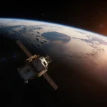 Earth glows brighter with a NASA spacecraft orbiting and casting an orange glow at dusk.