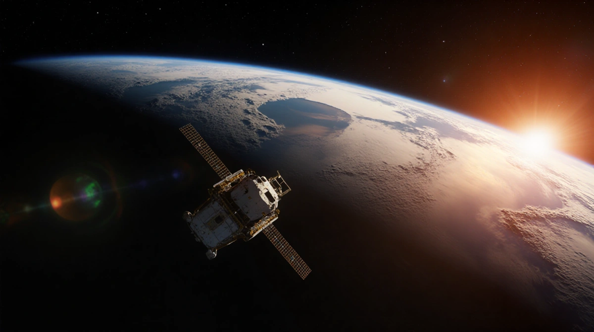 Earth glows brighter with a NASA spacecraft orbiting and casting an orange glow at dusk.