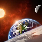 Spacecraft orbits Earth with bright blue‑green globe radiant sun and crescent moon