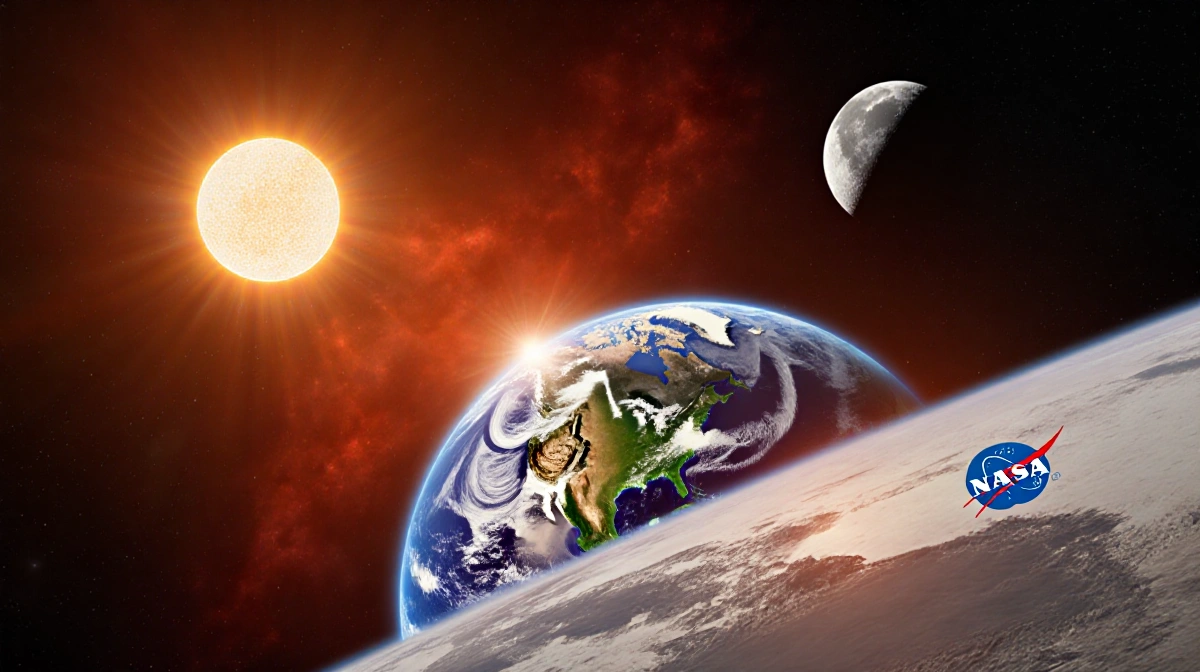 Spacecraft orbits Earth with bright blue‑green globe radiant sun and crescent moon