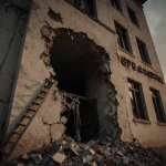 Crumbled hospital facade shows cracked walls with debris and a ladder near the entrance