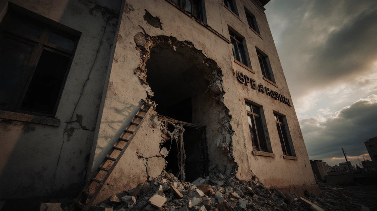 Crumbled hospital facade shows cracked walls with debris and a ladder near the entrance