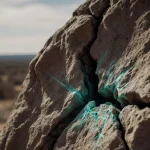 Rugged rock outcrop cracking with radiating fissures and blue‑green streaks against a muted Texas backdrop.