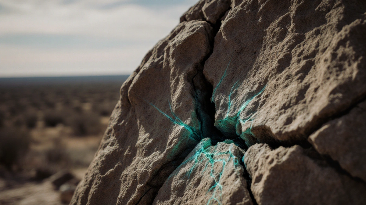 Rugged rock outcrop cracking with radiating fissures and blue‑green streaks against a muted Texas backdrop.