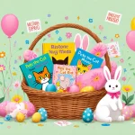 Easter basket overflowing picture books with bright covers and pastel flowers and bunny pillows on a muted green background