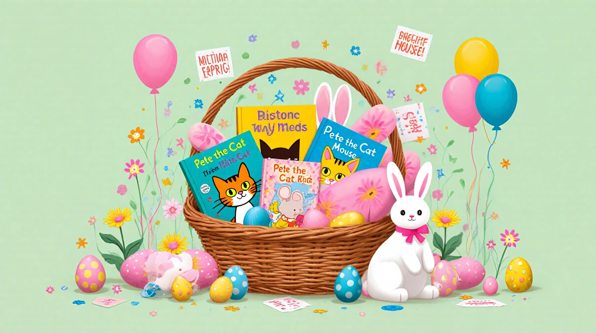 Easter basket overflowing picture books with bright covers and pastel flowers and bunny pillows on a muted green background