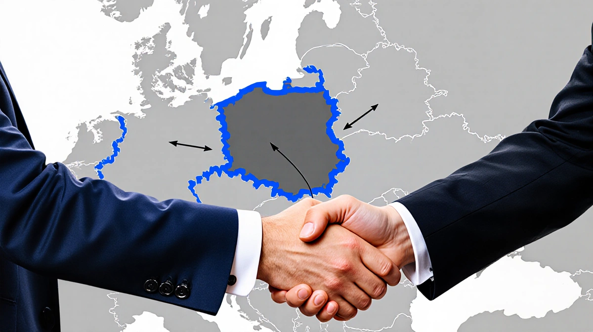 Trump and Zelenskyy shaking hands with Ukraine map showing borders and grey Donbas and arrows linking their hands to peace