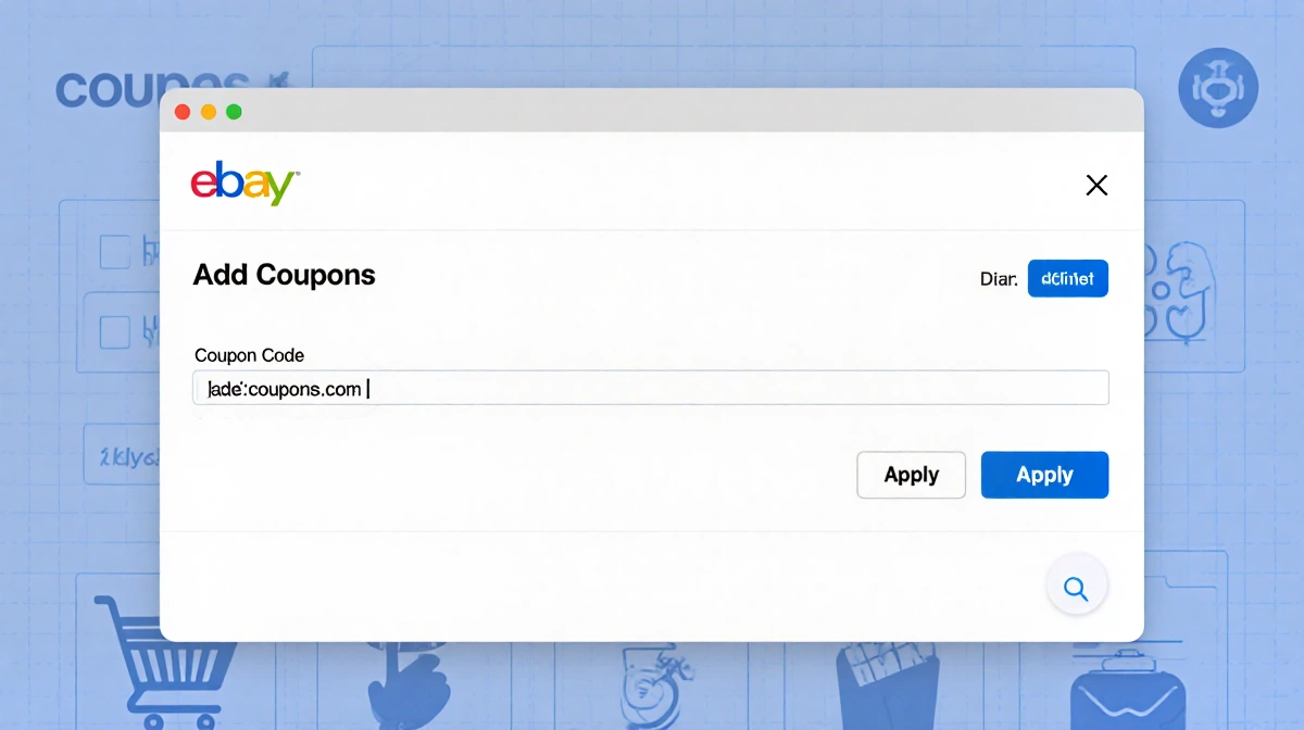 Computer screen showing Add coupons section with coupon code field and Apply button near shopping cart with discount icon.