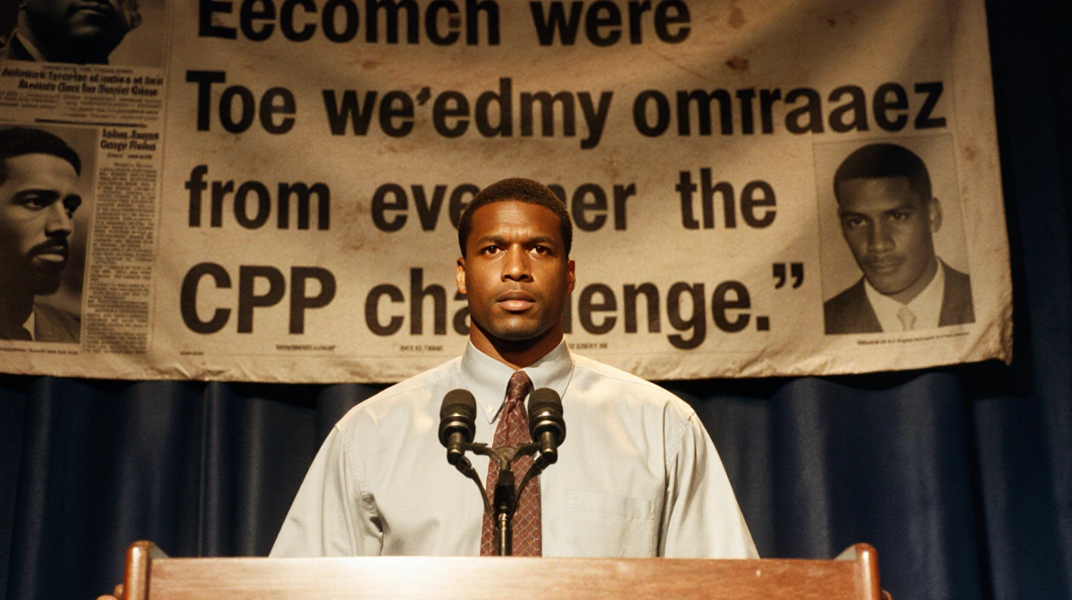 Ed Reed stands confidently before a podium with a banner of Joaquin Gonzalez words behind him and golden light on the backdro