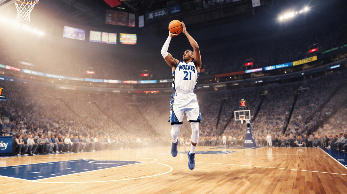Edwards leaps to shoot a 3-pointer with the ball leaving his hand and a blurred Minnesota basketball arena behind.