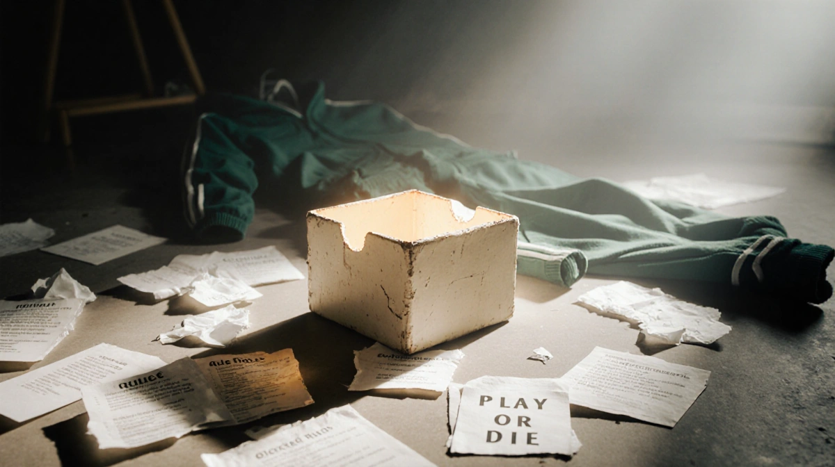 A small glowing box sits on the floor with crumpled papers and broken game rule cards scattered around and a dark track suit