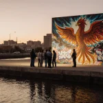 Community members gather around a phoenix mural radiating hope with El Paso River below and a police officer in distance.