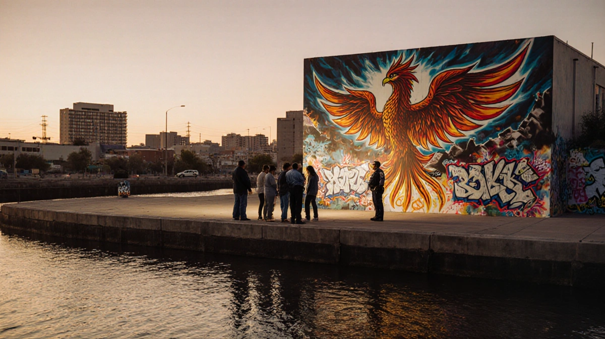 Community members gather around a phoenix mural radiating hope with El Paso River below and a police officer in distance.
