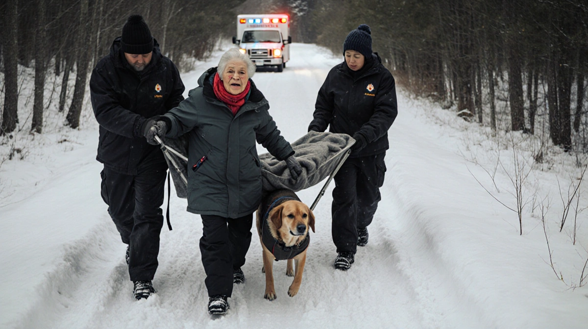 Elderly woman being carried on a stretcher with a warm blanket and a dog beside her near a parked ambulance
