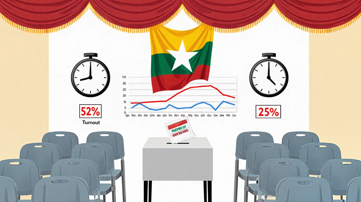 Voting booth with ballot box and Myanmar flag and clock counting Jan 11 to Jan 25 chart of 52% turnout 11 million voters.