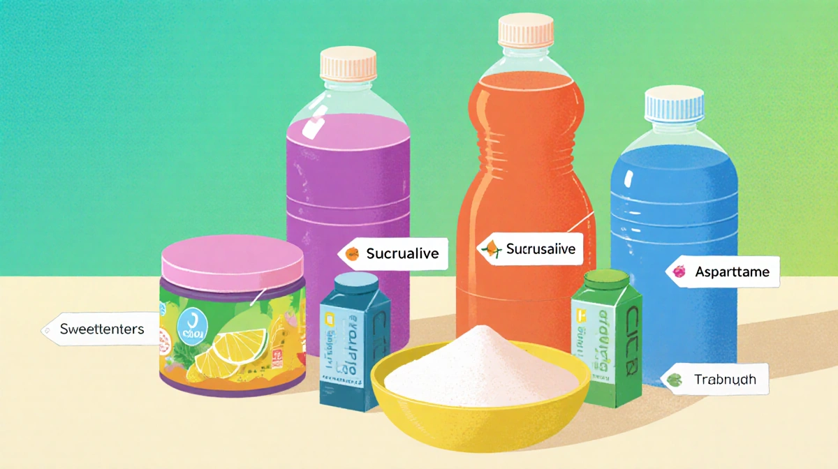 Table displaying flavored electrolyte powders and liquids with sweetener labels next to some and natural options without addi