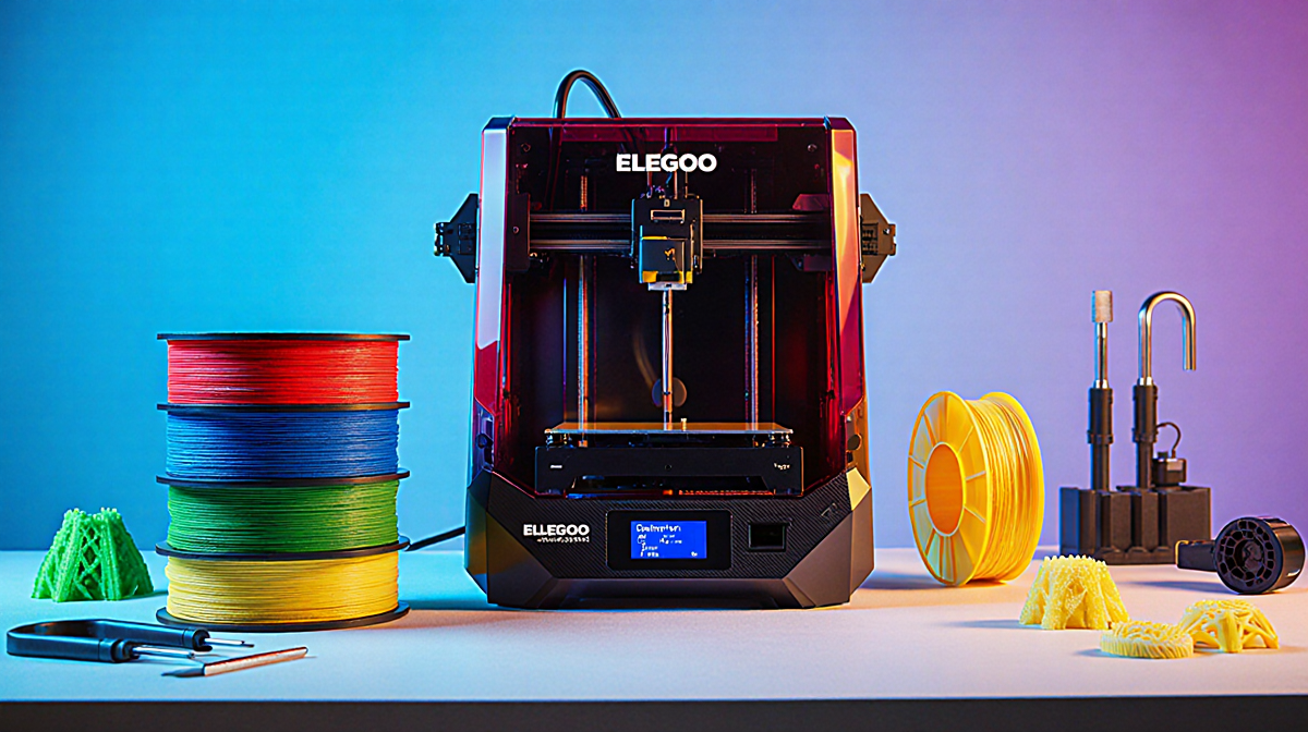 Elegoo Centauri Carbon 2 Combo 3D printer working with stacked red blue green yellow prints and workshop background