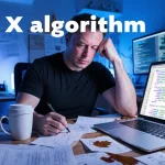 Elon Musk reviewing open-source code on laptop with papers and coffee cups covering his desk