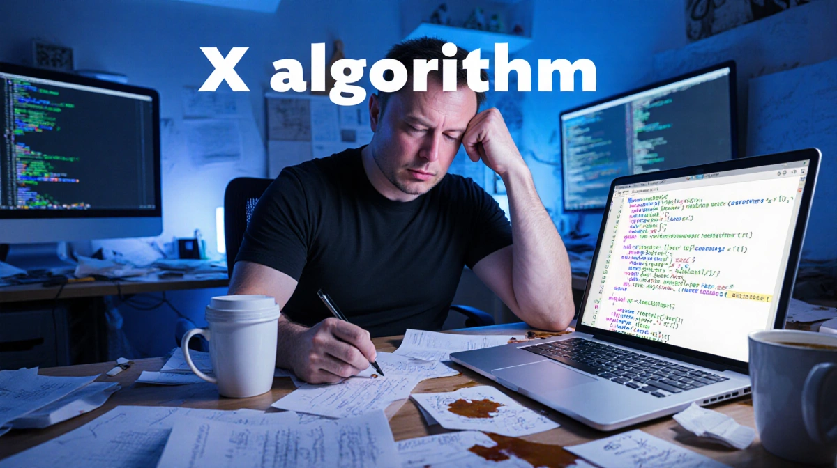 Elon Musk reviewing open-source code on laptop with papers and coffee cups covering his desk