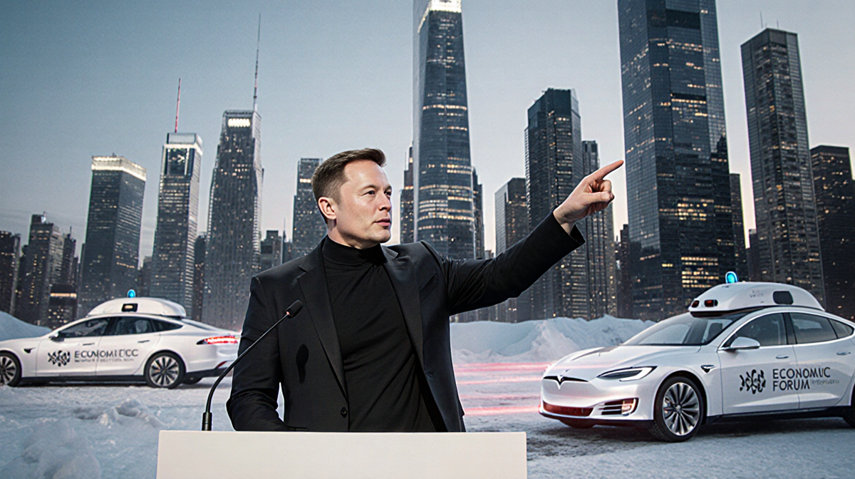 Elon Musk stands at podium pointing to futuristic cityscape with sleek skyscrapers and self-driving cars