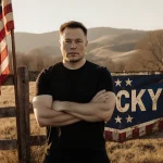 Elon Musk standing confidently with vintage American flag and faded Kentucky banner on wooden fence in rolling hills