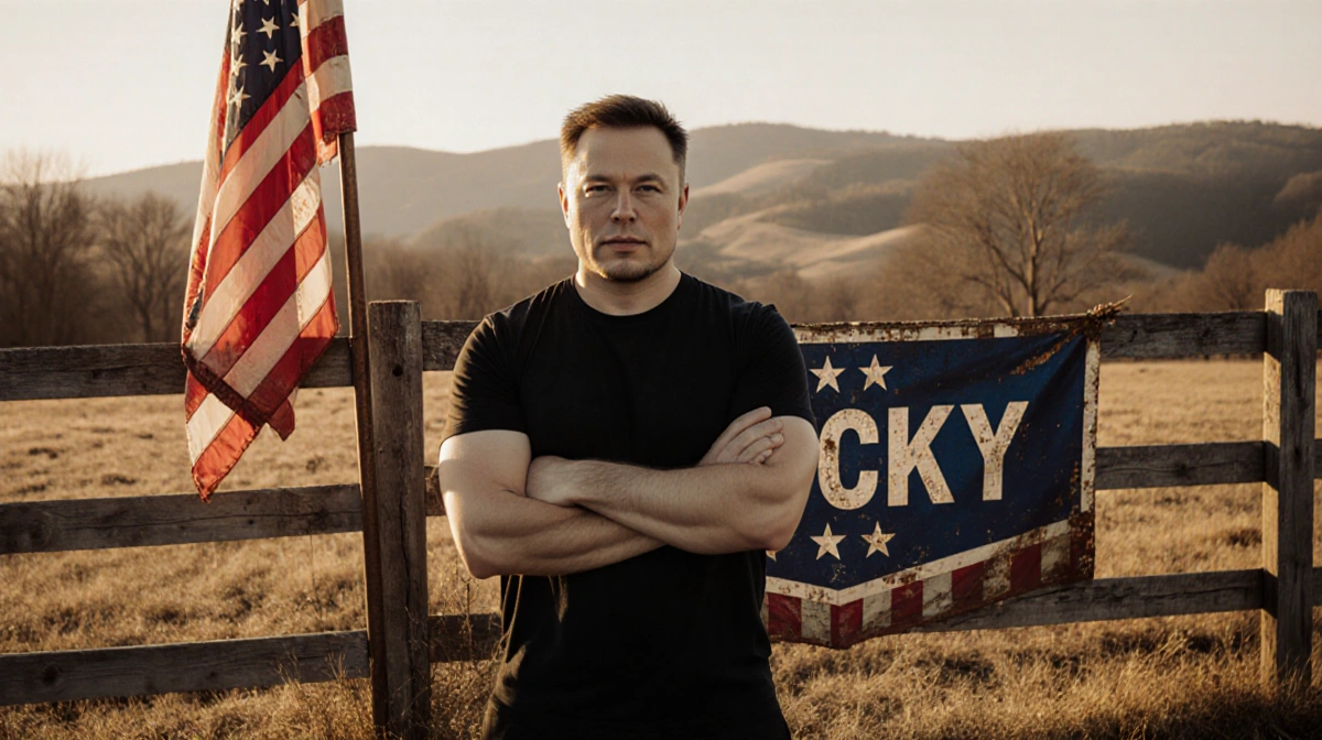 Elon Musk standing confidently with vintage American flag and faded Kentucky banner on wooden fence in rolling hills