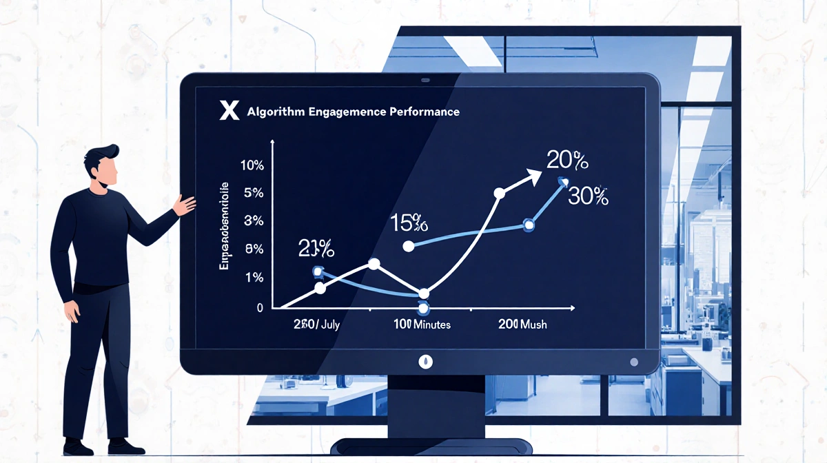 Elon Musk reviewing X algorithm performance graph showing daily engagement rising from July to January with futuristic lab vi