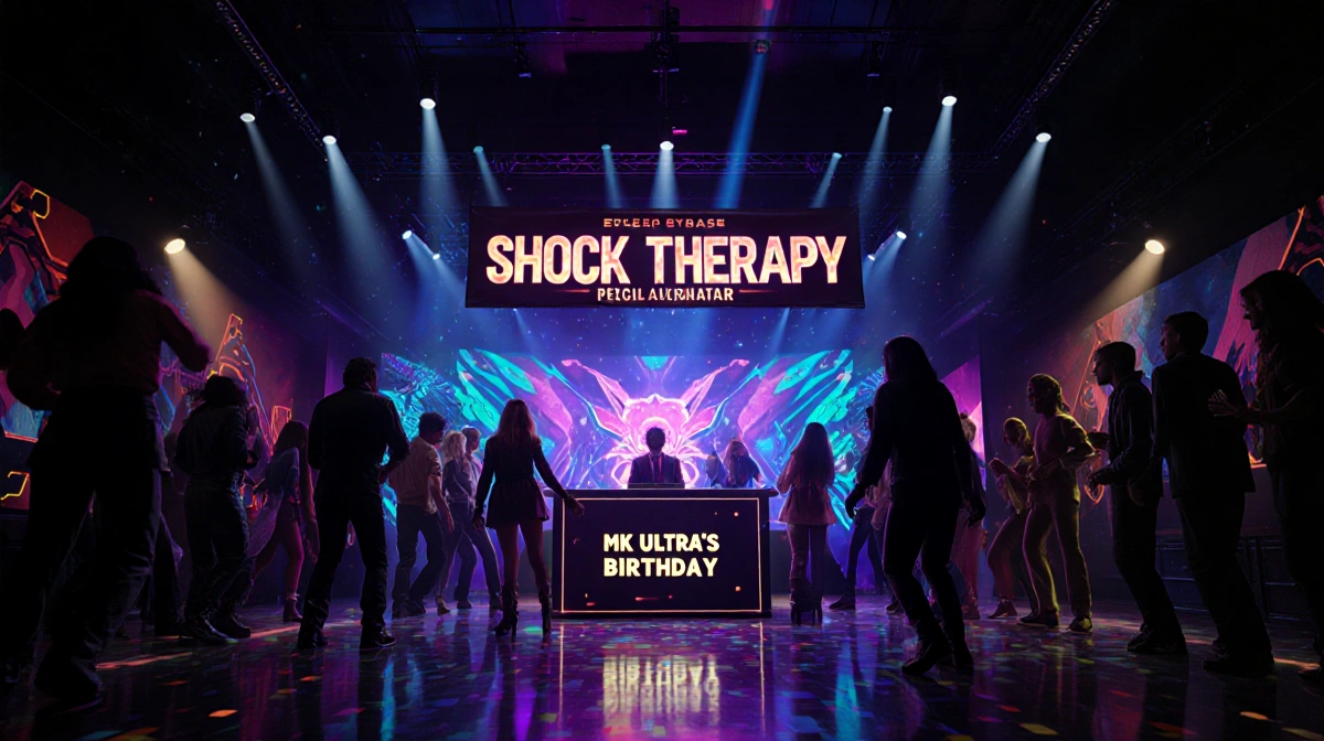 DJs performing at nightclub stage with neon lights and retro decorations while dancers in 70s attire celebrate MK Ultra birth