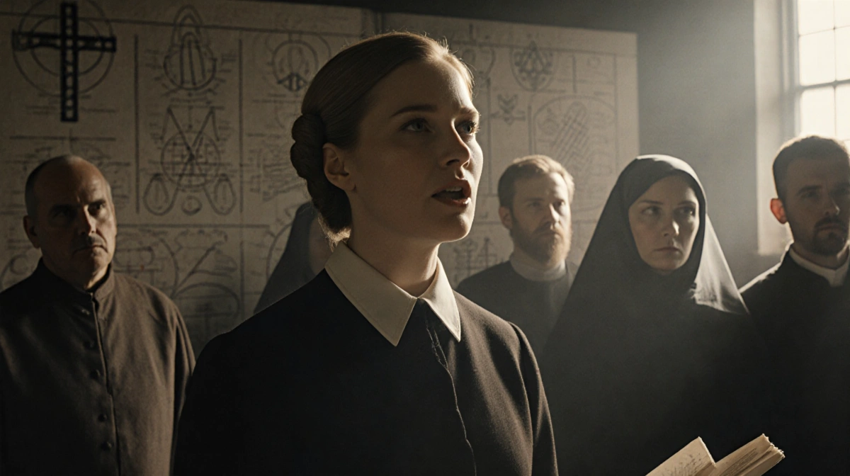 Emily Blunt preaching with intense conviction and Shakers listening with stern expressions