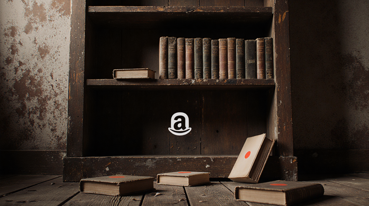 Empty bookshelf rises with scattered books on floor and faint Amazon logo on a book in dim bookstore.