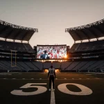 Football player gazing at reflected game-day scene with warm sunset light in empty stadium