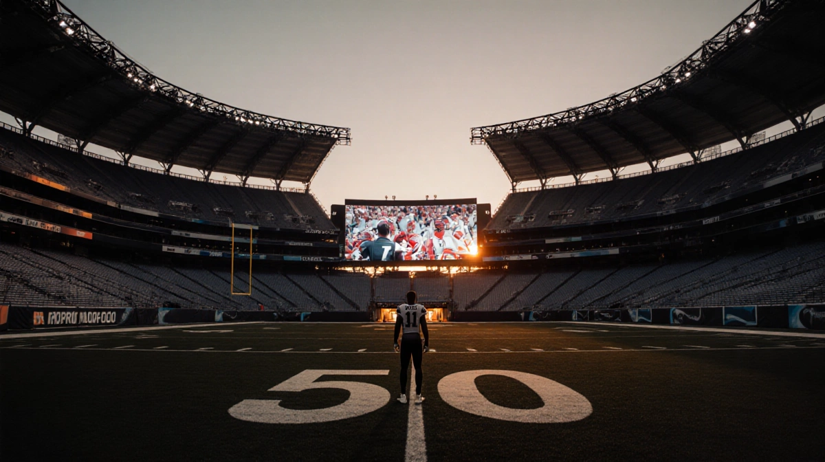 Football player gazing at reflected game-day scene with warm sunset light in empty stadium