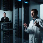 Engineer gestures emphatically while recording podcast interview with laptop and city skyline through glass wall