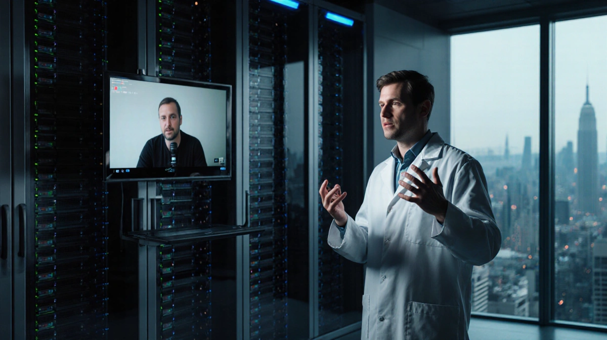 Engineer gestures emphatically while recording podcast interview with laptop and city skyline through glass wall